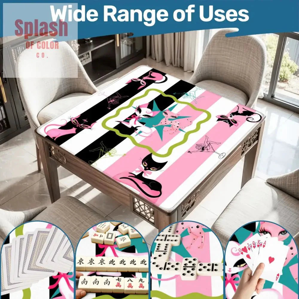 Kitty Cocktail Hour, Black Pink Whimsical Vintage Cats Mahjong Mat