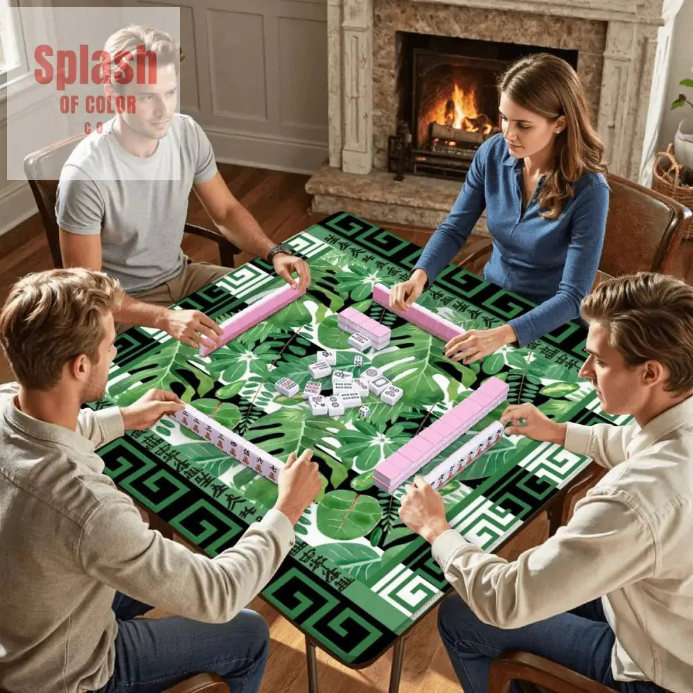 Mahjong Mat Black And Green Tropical Asian Border, Mahj Mat