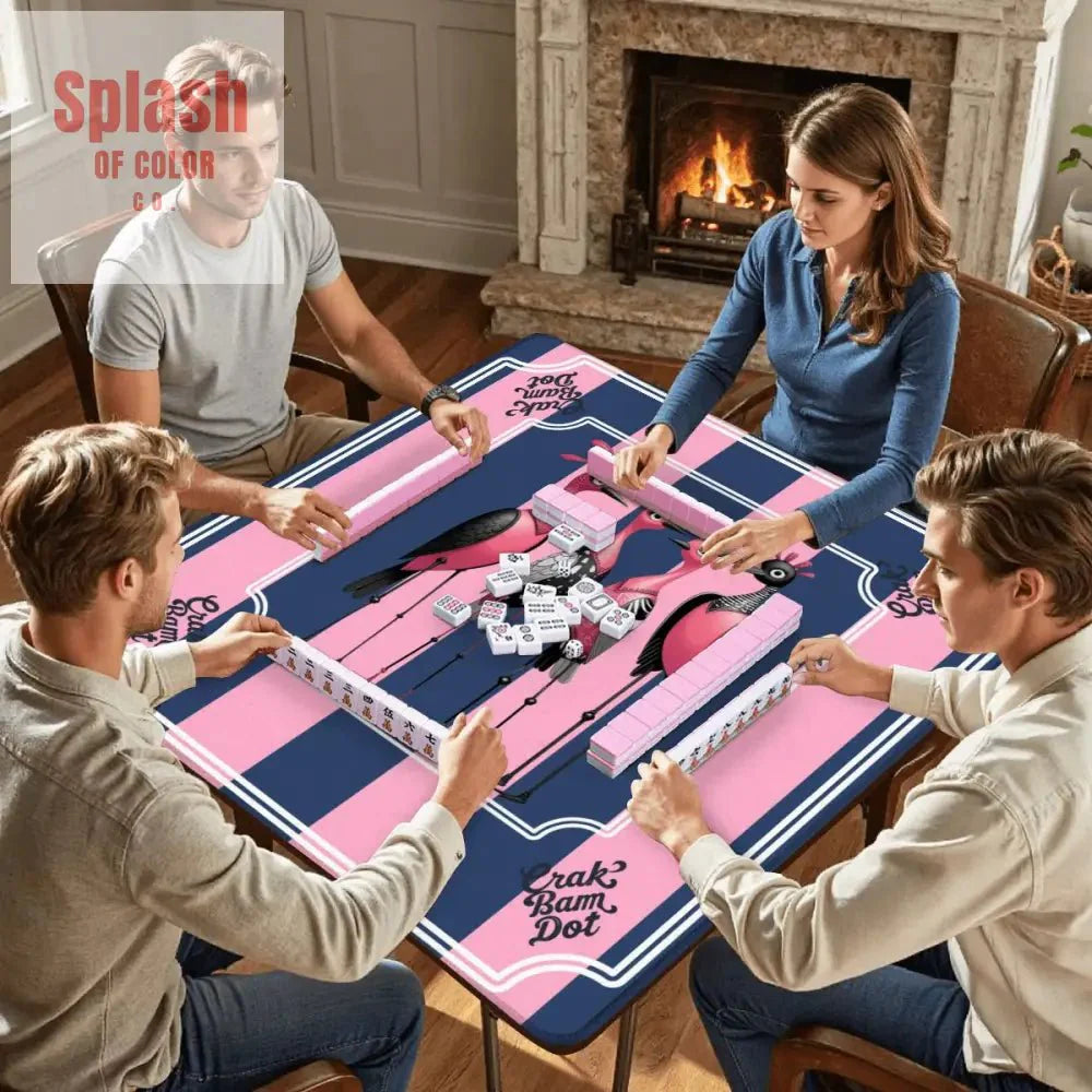 Mahjong Mat Blue, Pink Striped Quirky Mahjong Bird Queens