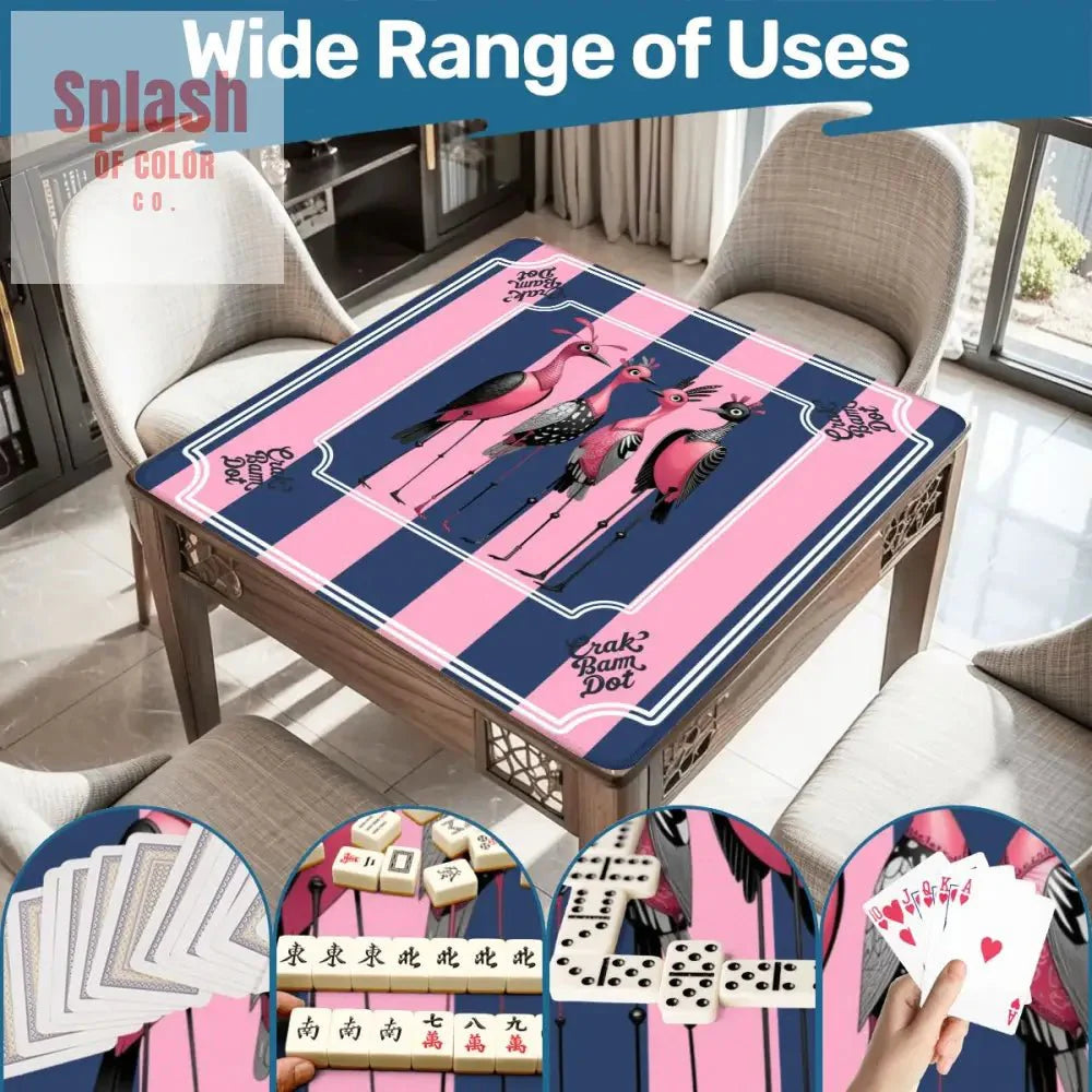 Mahjong Mat Blue, Pink Striped Quirky Mahjong Bird Queens