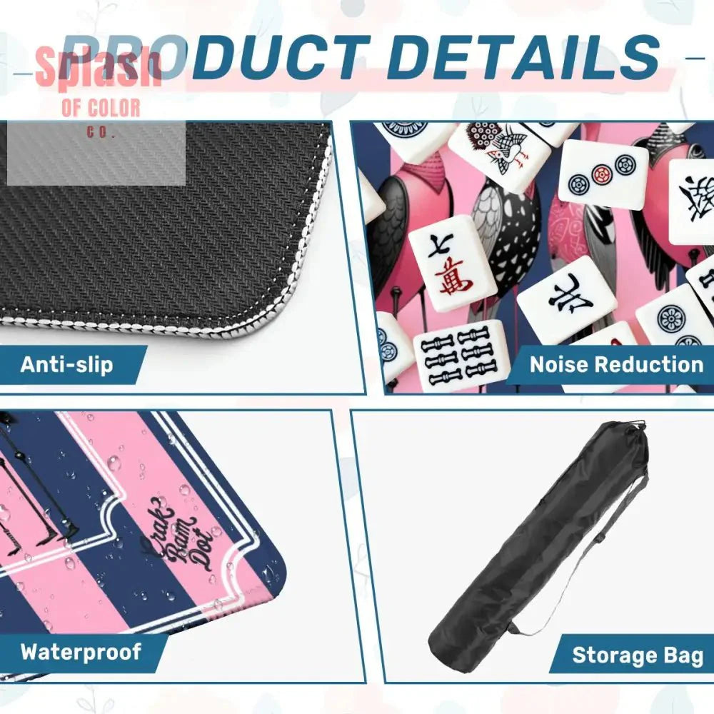Mahjong Mat Blue, Pink Striped Quirky Mahjong Bird Queens