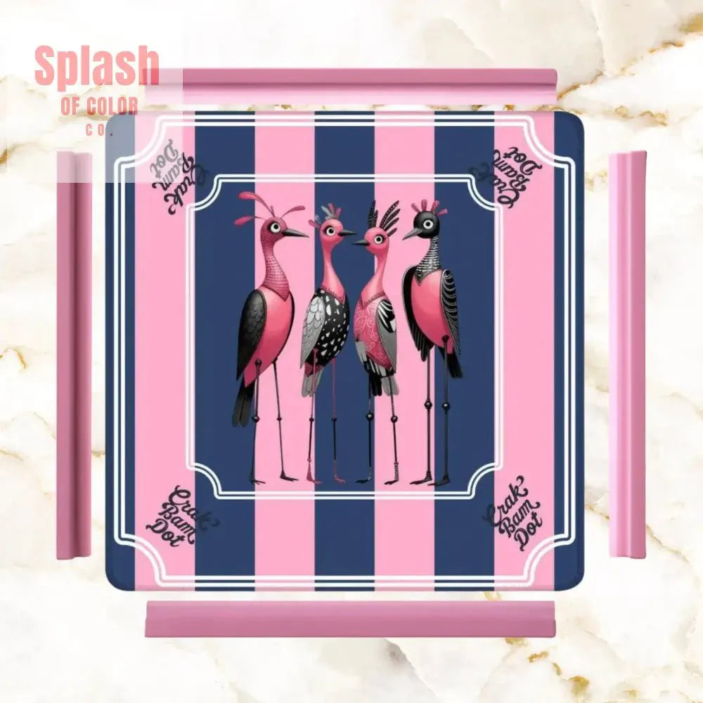 Mahjong Mat Blue, Pink Striped Quirky Mahjong Bird Queens
