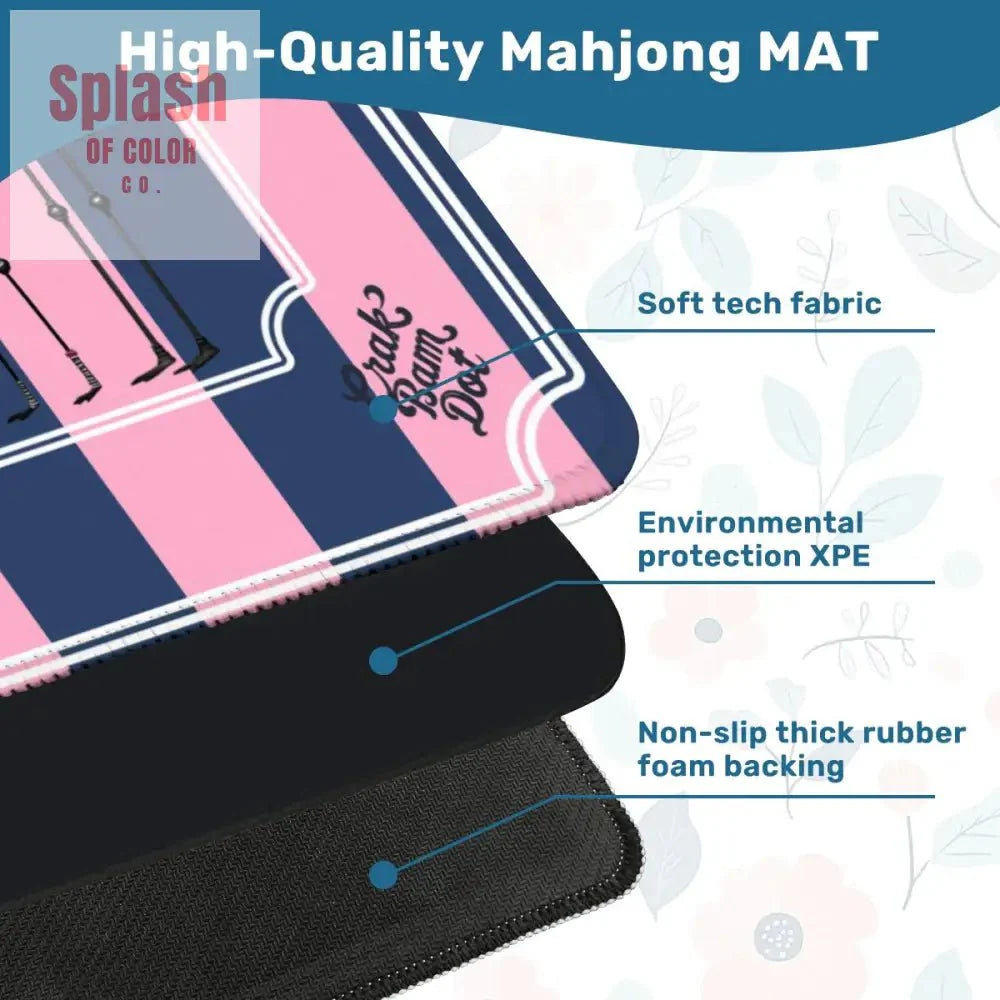Mahjong Mat Blue, Pink Striped Quirky Mahjong Bird Queens
