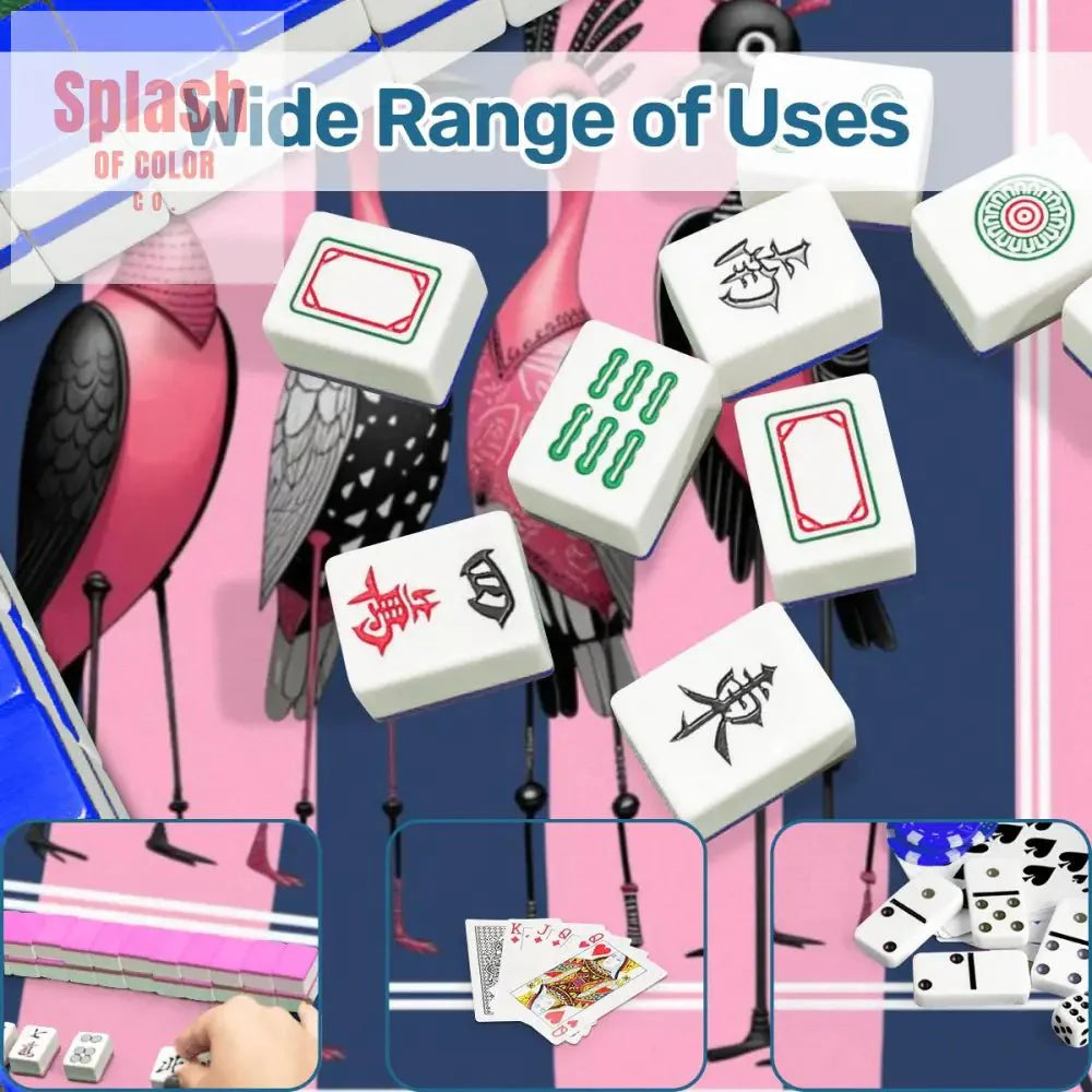 Mahjong Mat Blue, Pink Striped Quirky Mahjong Bird Queens