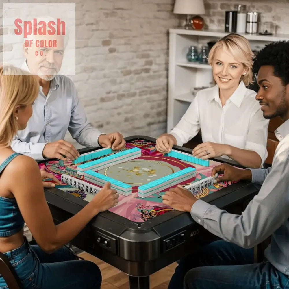 Mahjong Mat Bohemian Jeweled Tones, Fusia, Pink, Teal Reddish, Watercolor Mahj Game Night Mat
