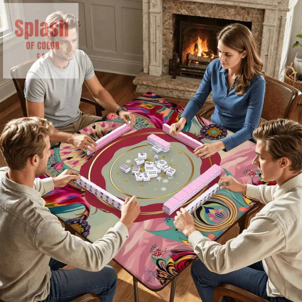 Mahjong Mat Bohemian Jeweled Tones, Fusia, Pink, Teal Reddish, Watercolor Mahj Game Night Mat