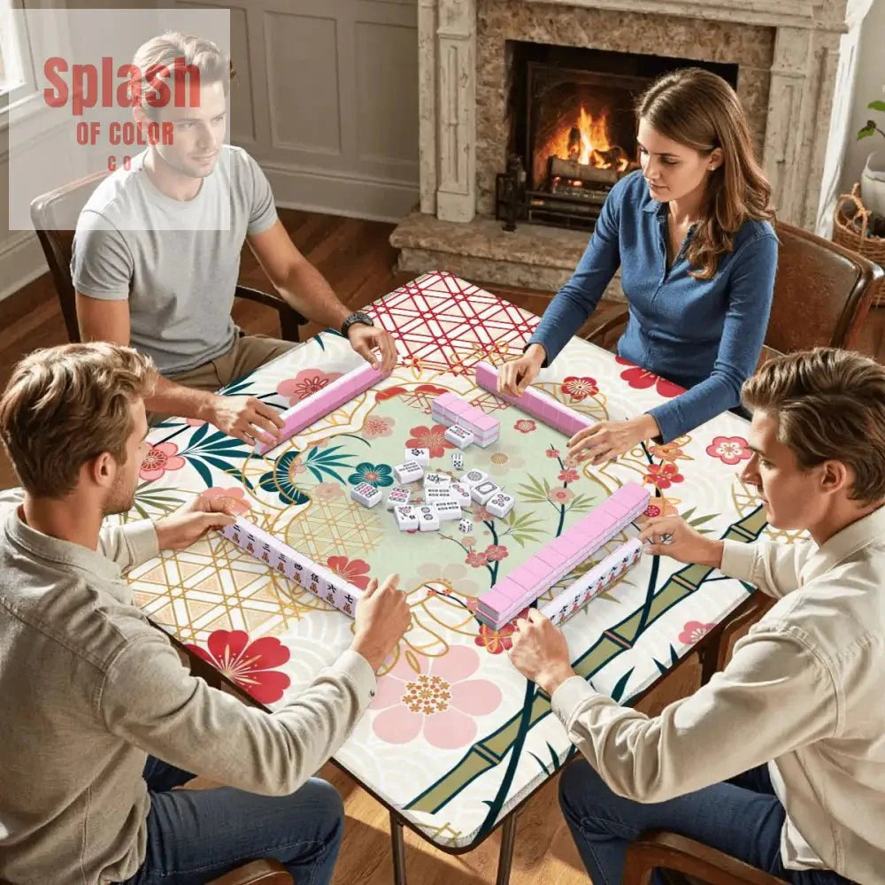 Mahjong Mat Cherry Blossom Asian Designed Floral Bamboo Mahj Game Mat