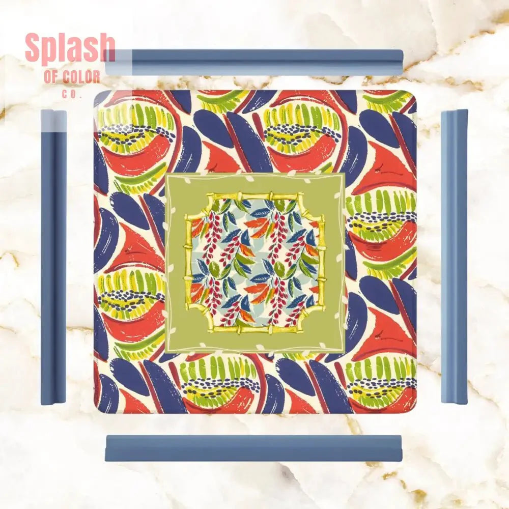 Mahjong Mat, Coral Blue Abstract Floral Modern Mahjong Mat