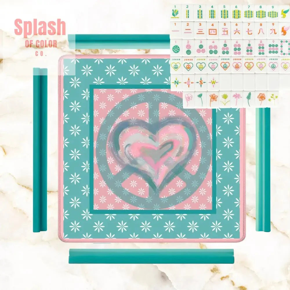 Mahjong Mat Daisy Flower Pink, Teal Peace And Love Mahj Game Mat
