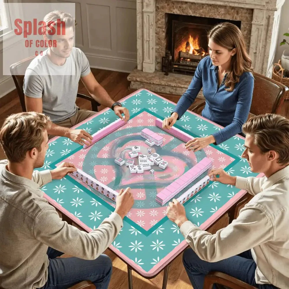 Mahjong Mat Daisy Flower Pink, Teal Peace And Love Mahj Game Mat