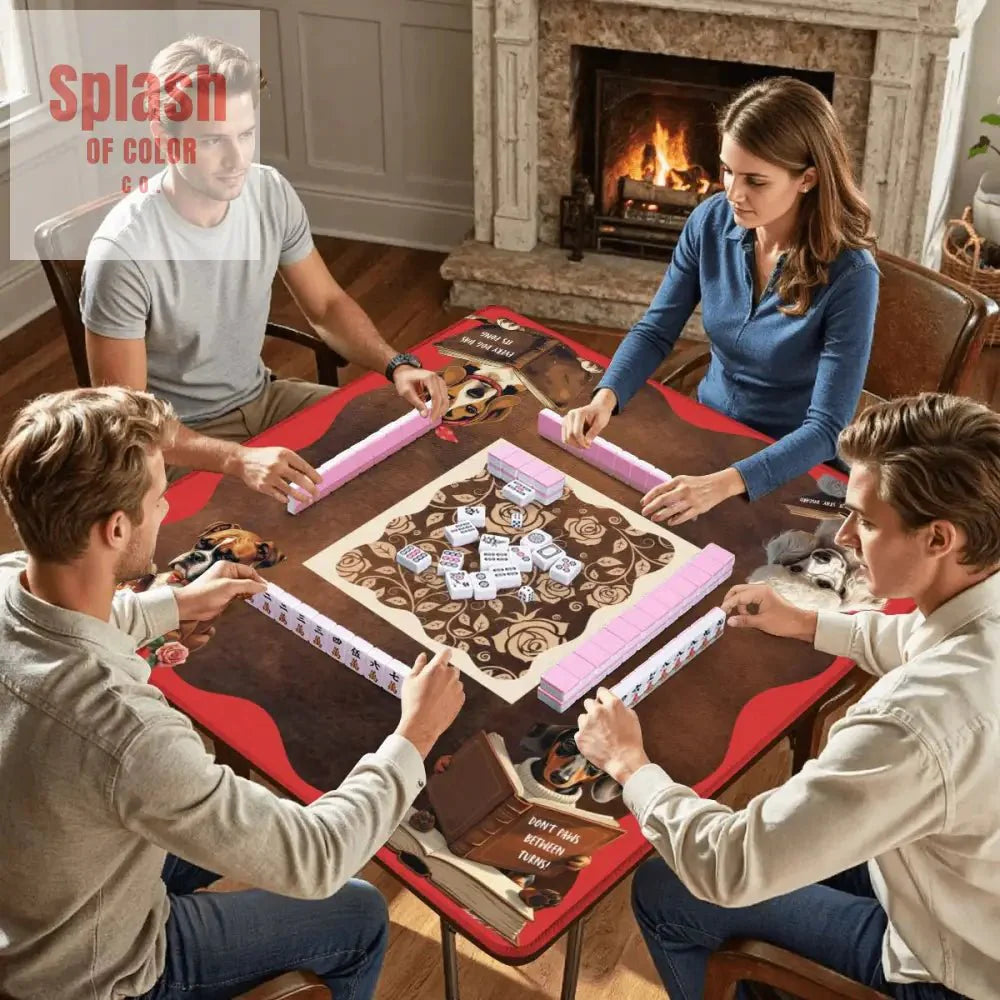 Mahjong Mat, Dogs And Mahjong Funny Preppy Book Dogs, Faux Leather Background Mahj Mat