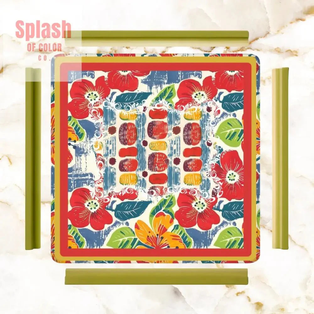 Mahjong Mat Floral Heritage Burst Of Color, Red, Teal Orange Green Tropical Mahj Mat