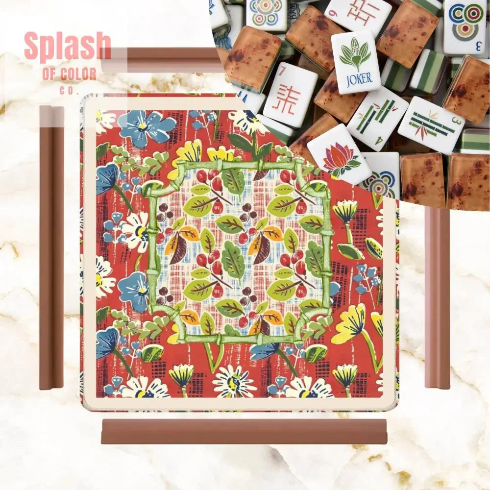 Mahjong Mat Floral Heritage Rust, Yellow Blue, Preppy Mahj Mat Coordinates Well With Heritage Tiles