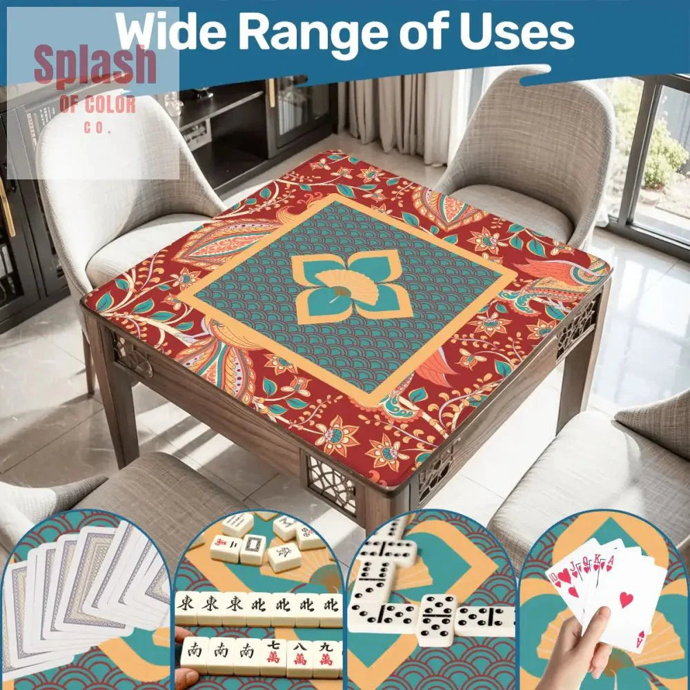 Mahjong Mat Floral Mandarin Asian Zen, Teal, Coral, Rust Mahj Game Mat