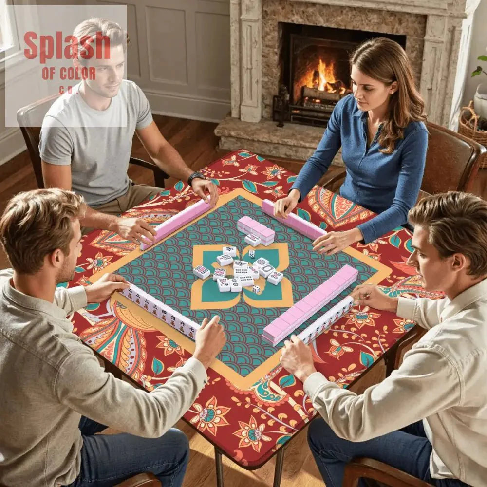 Mahjong Mat Floral Mandarin Asian Zen, Teal, Coral, Rust Mahj Game Mat