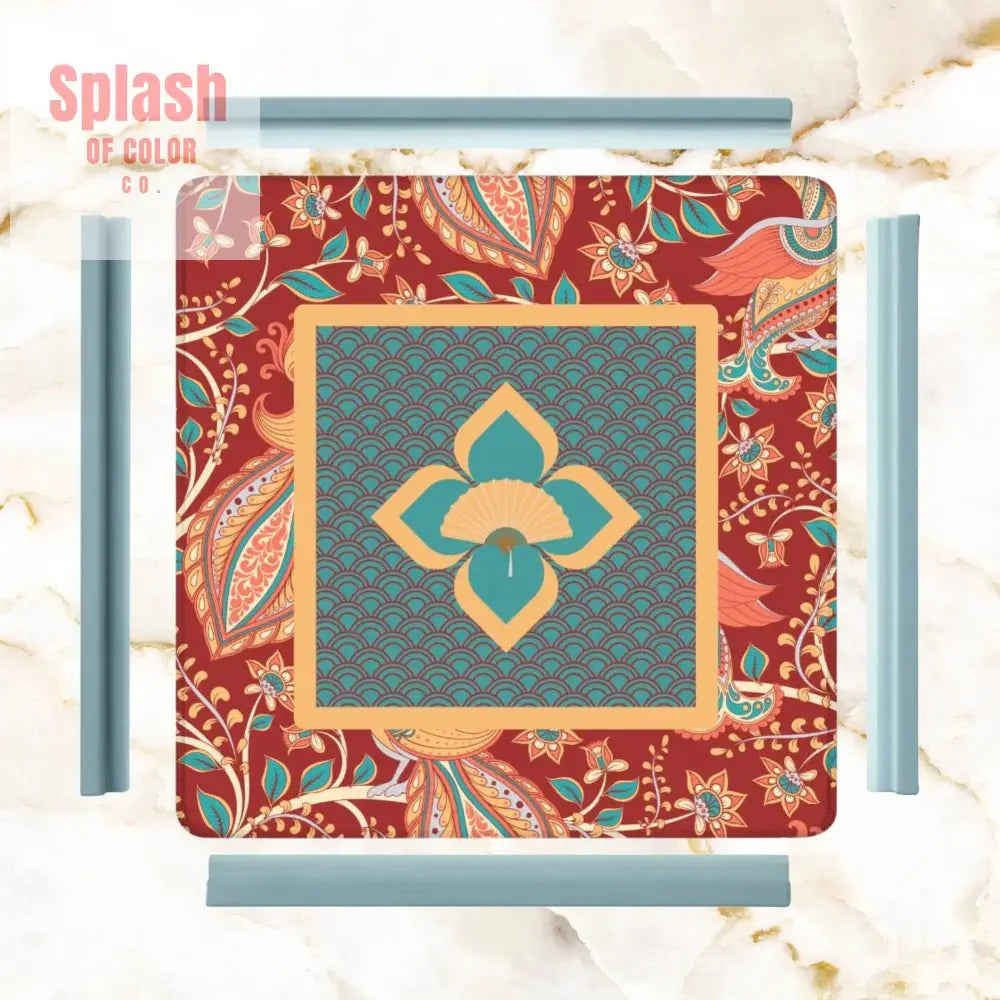 Mahjong Mat Floral Mandarin Asian Zen, Teal, Coral, Rust Mahj Game Mat
