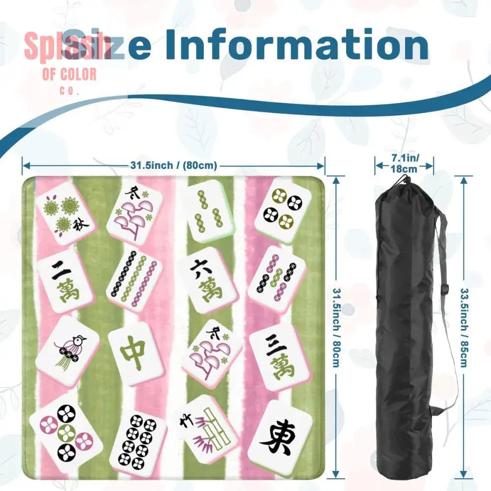 Mahjong Mat Green, Pink Watercolor Striped, Whimsical Mahjong Tiles Game Mat