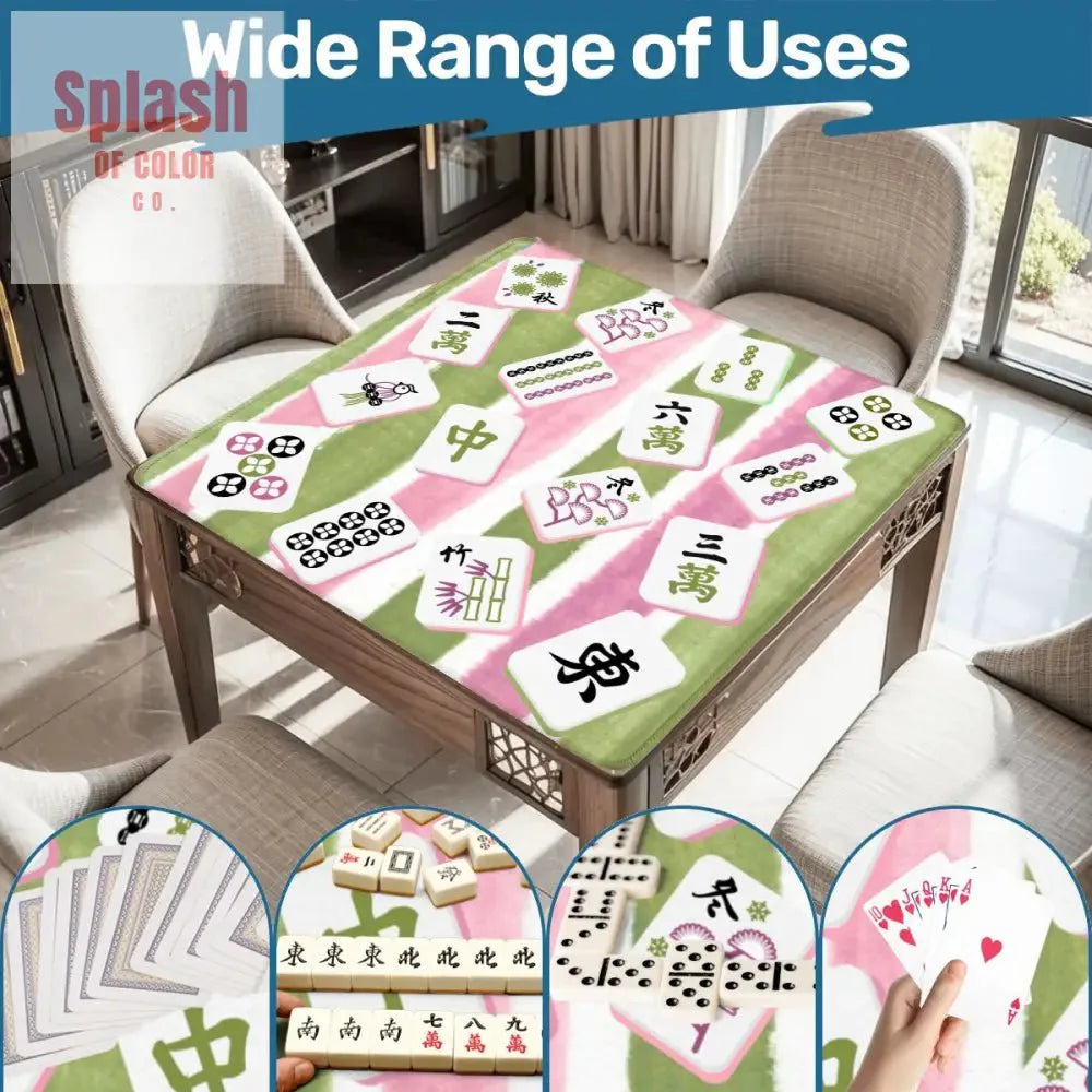 Mahjong Mat Green, Pink Watercolor Striped, Whimsical Mahjong Tiles Game Mat