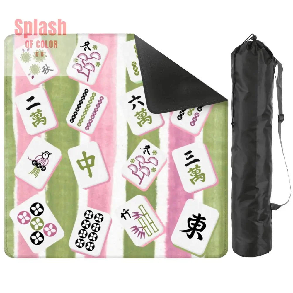 Mahjong Mat Green, Pink Watercolor Striped, Whimsical Mahjong Tiles Game Mat