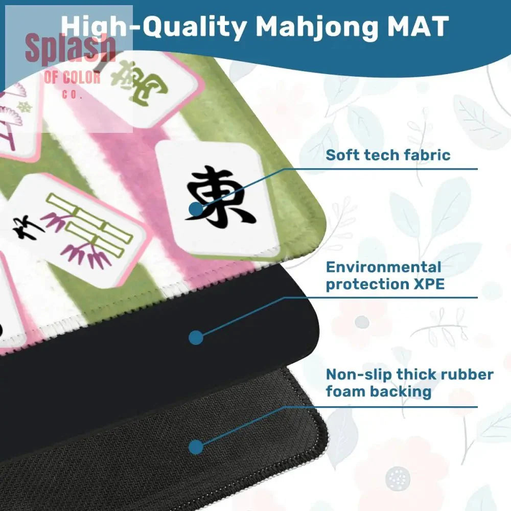 Mahjong Mat Green, Pink Watercolor Striped, Whimsical Mahjong Tiles Game Mat