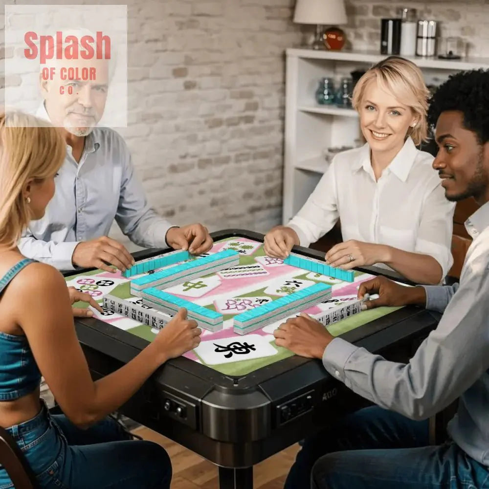 Mahjong Mat Green, Pink Watercolor Striped, Whimsical Mahjong Tiles Game Mat
