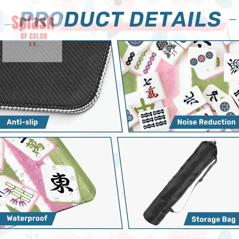 Mahjong Mat Green, Pink Watercolor Striped, Whimsical Mahjong Tiles Game Mat