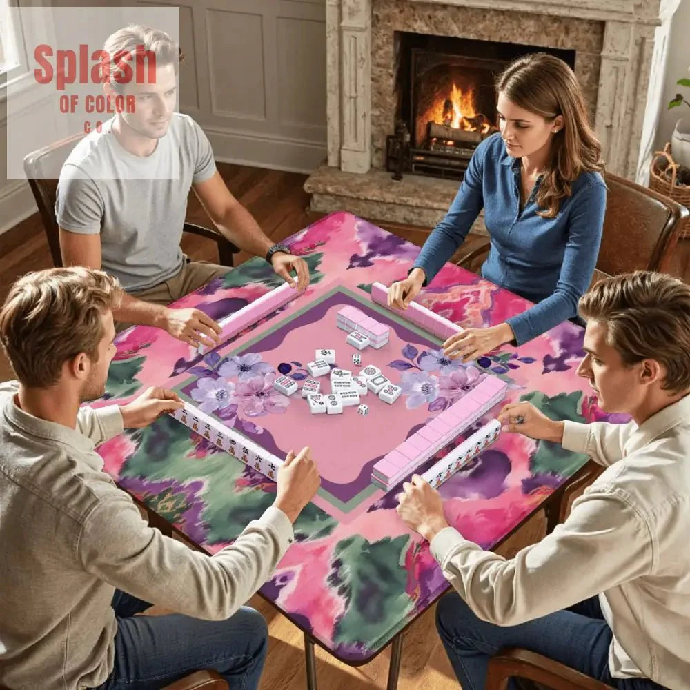 Mahjong Mat Ikat Watercolor Pink, Purple, Emerald Green Boho Mahj Mat