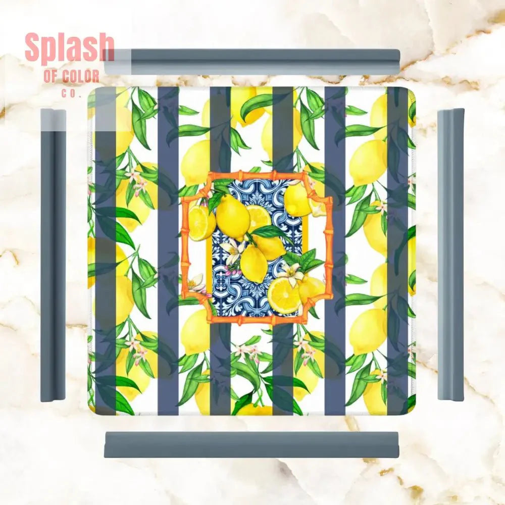 Mahjong Mat Lemon Zest Preppy Blue Striped Lemon Mahj Mat