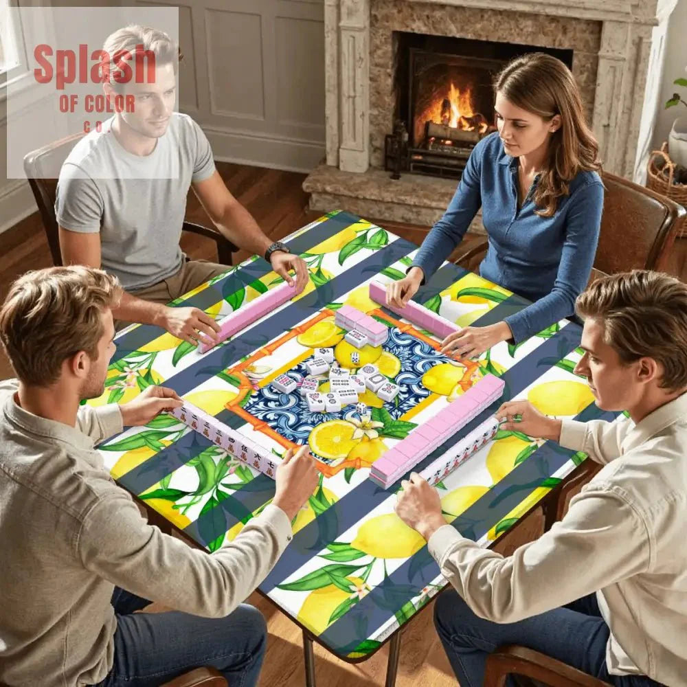 Mahjong Mat Lemon Zest Preppy Blue Striped Lemon Mahj Mat