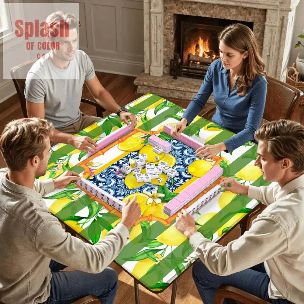 Mahjong Mat Lemon Zest Preppy Green Striped Lemon Mahj Mat