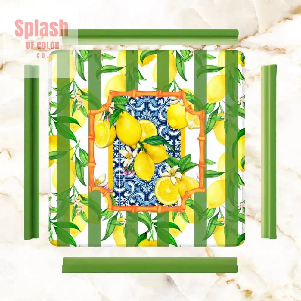 Mahjong Mat Lemon Zest Preppy Green Striped Lemon Mahj Mat
