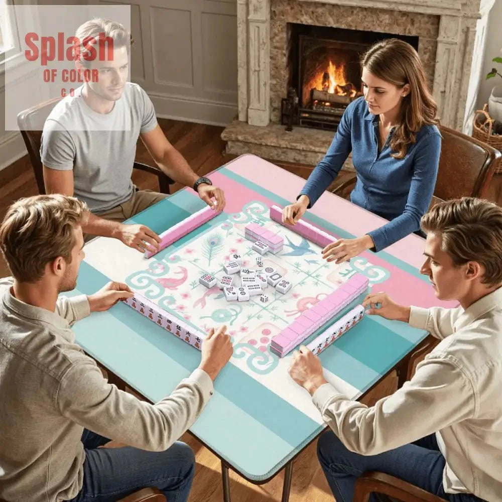 Mahjong Mat Preppy Pink Teal Blue, Watercolor Tile Floral Game Mat