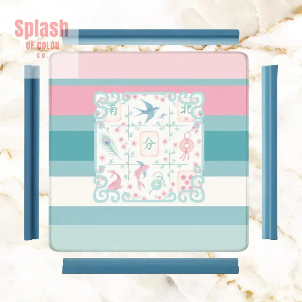 Mahjong Mat Preppy Pink Teal Blue, Watercolor Tile Floral Game Mat
