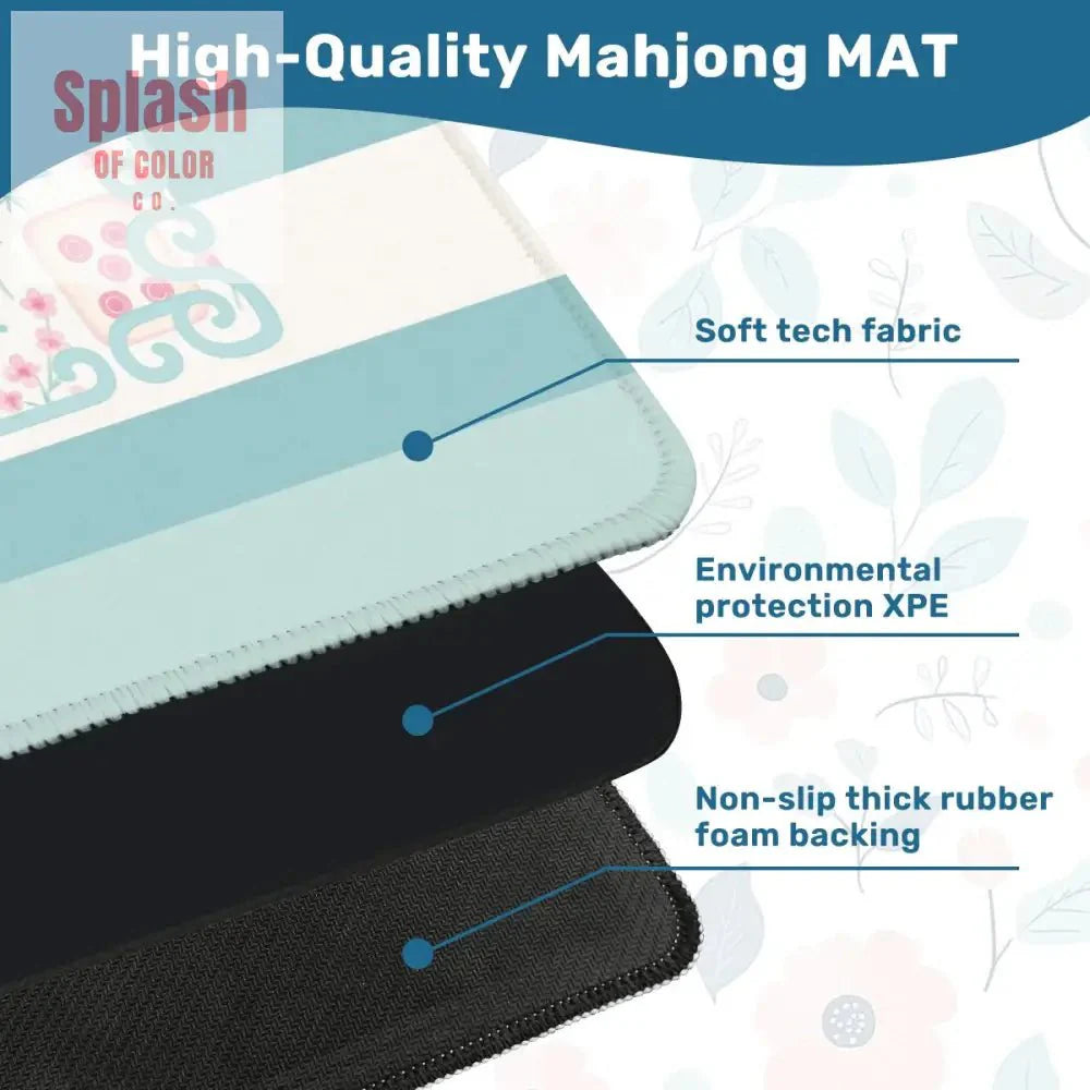 Mahjong Mat Preppy Pink Teal Blue, Watercolor Tile Floral Game Mat