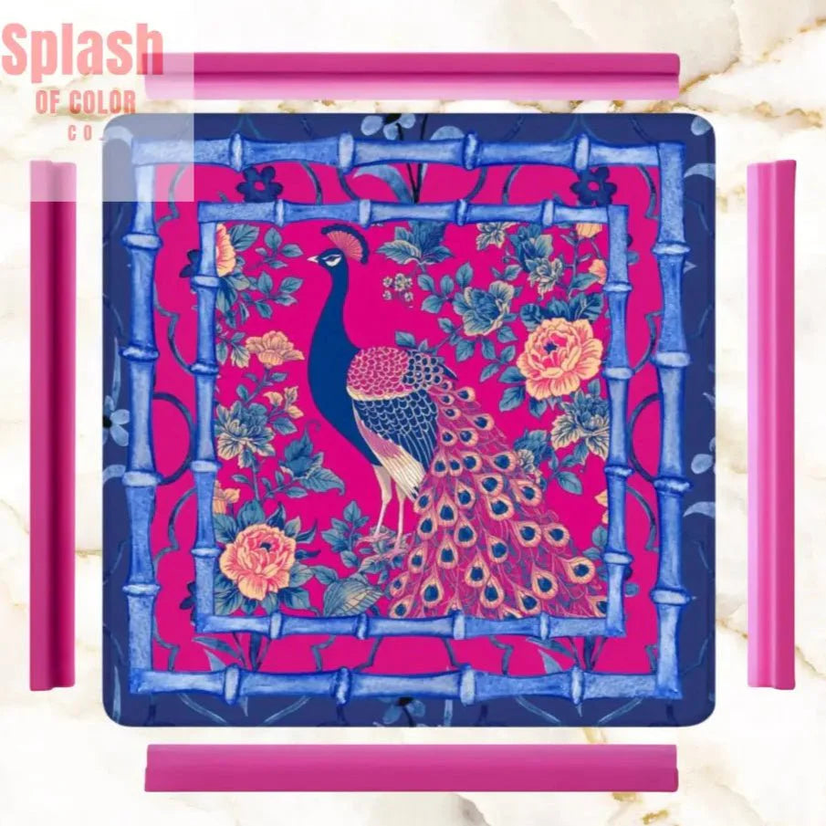 Mahjong Mat, Royal Blue, Fushcia Pink Floral Peacock Mahj Game Mat
