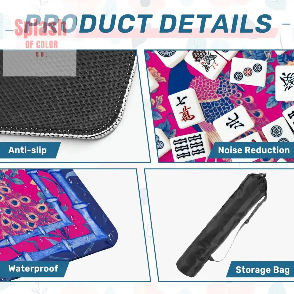 Mahjong Mat, Royal Blue, Fushcia Pink Floral Peacock Mahj Game Mat