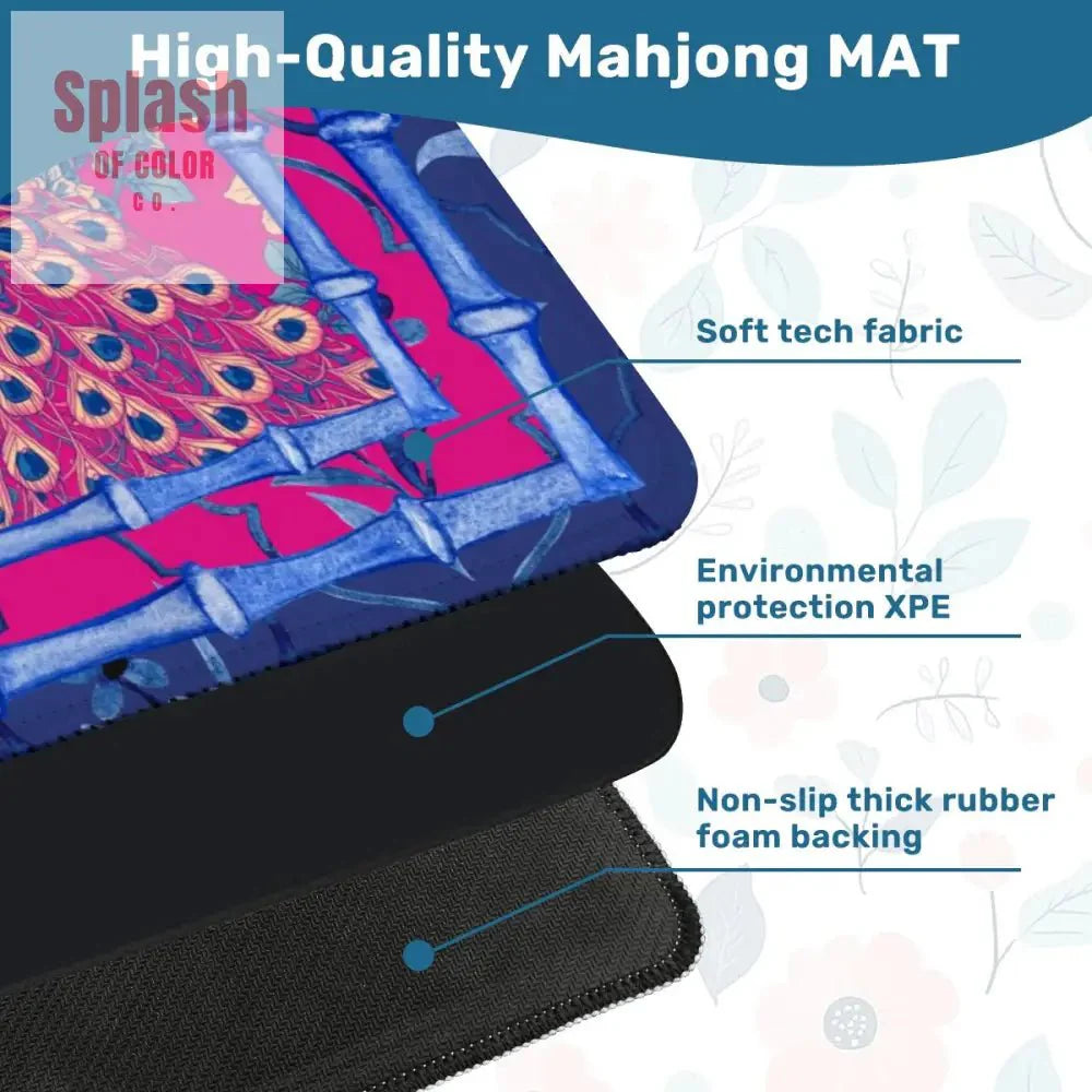 Mahjong Mat, Royal Blue, Fushcia Pink Floral Peacock Mahj Game Mat