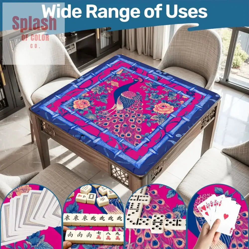 Mahjong Mat, Royal Blue, Fushcia Pink Floral Peacock Mahj Game Mat