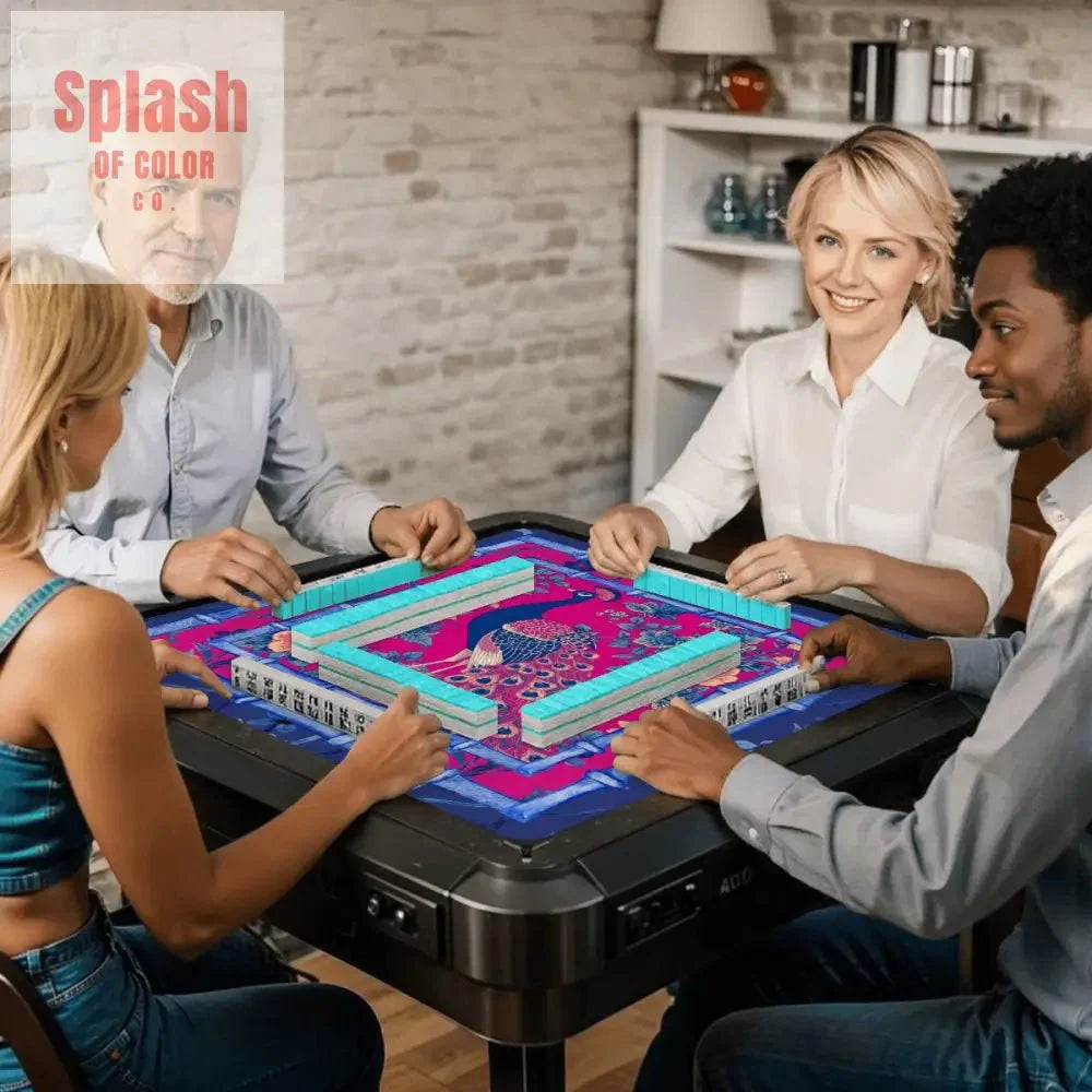 Mahjong Mat, Royal Blue, Fushcia Pink Floral Peacock Mahj Game Mat