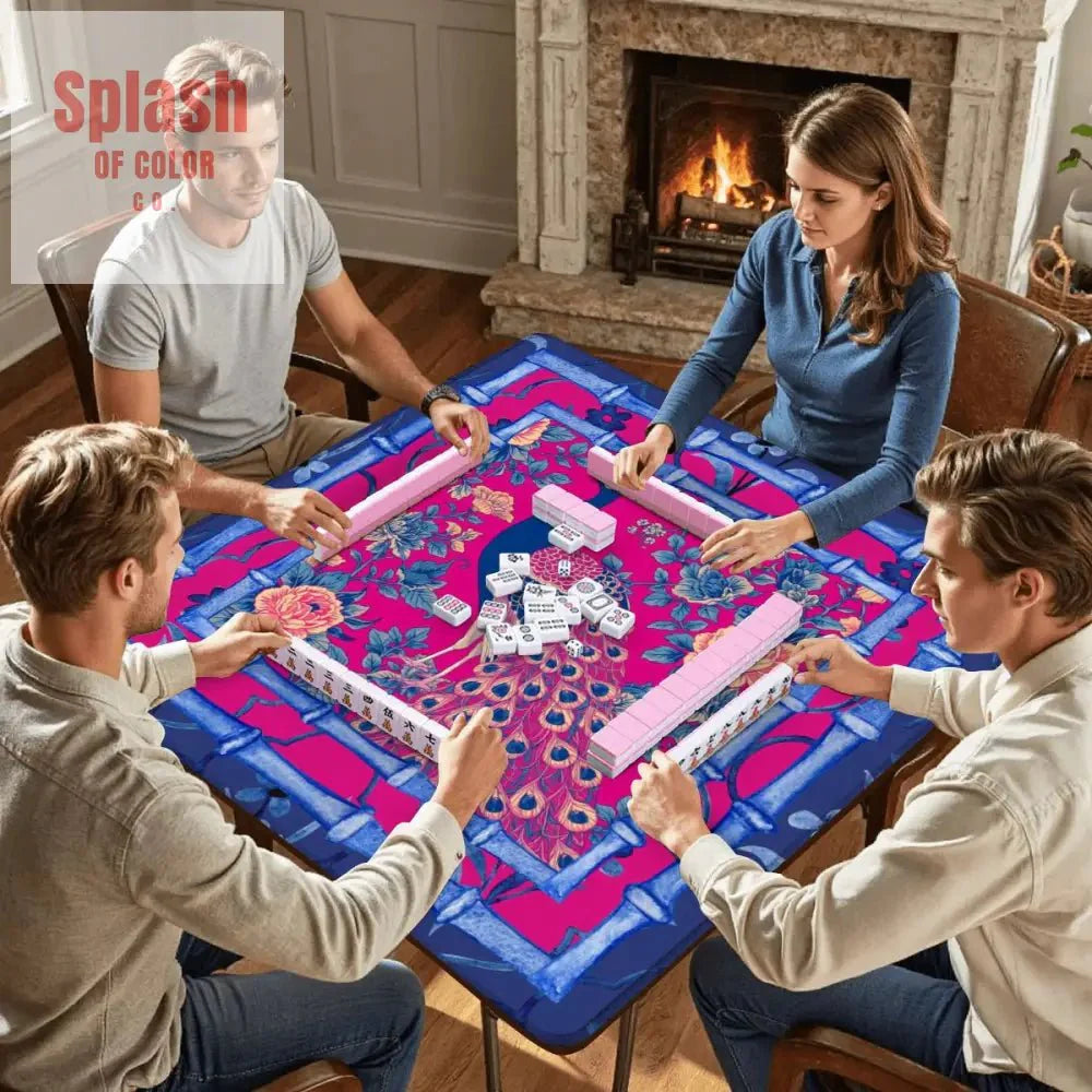 Mahjong Mat, Royal Blue, Fushcia Pink Floral Peacock Mahj Game Mat
