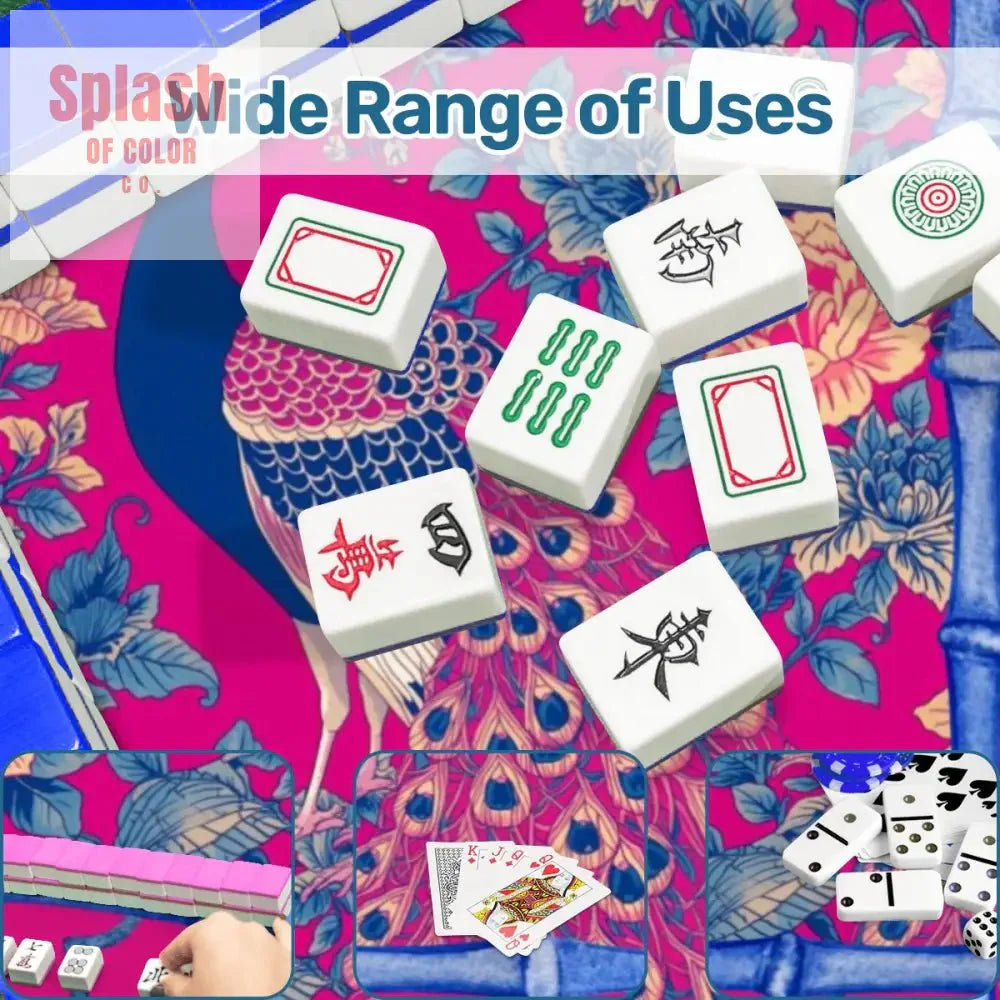 Mahjong Mat, Royal Blue, Fushcia Pink Floral Peacock Mahj Game Mat