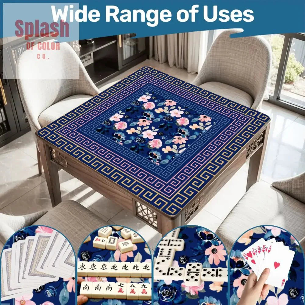 Mahjong Mat Royal Blue Pink Floral Heritage Greek Key Border Preppy Mahj Game Mat