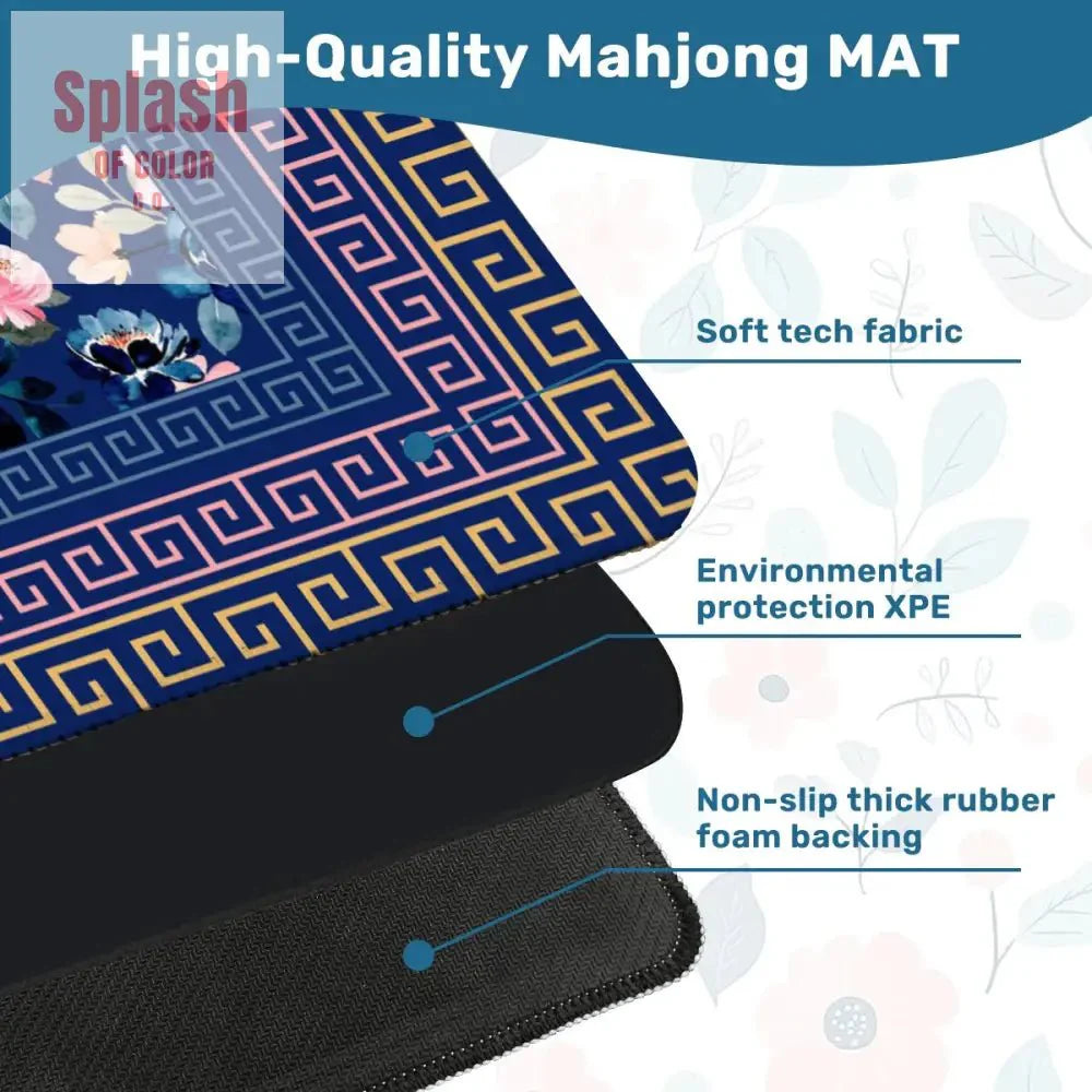 Mahjong Mat Royal Blue Pink Floral Heritage Greek Key Border Preppy Mahj Game Mat