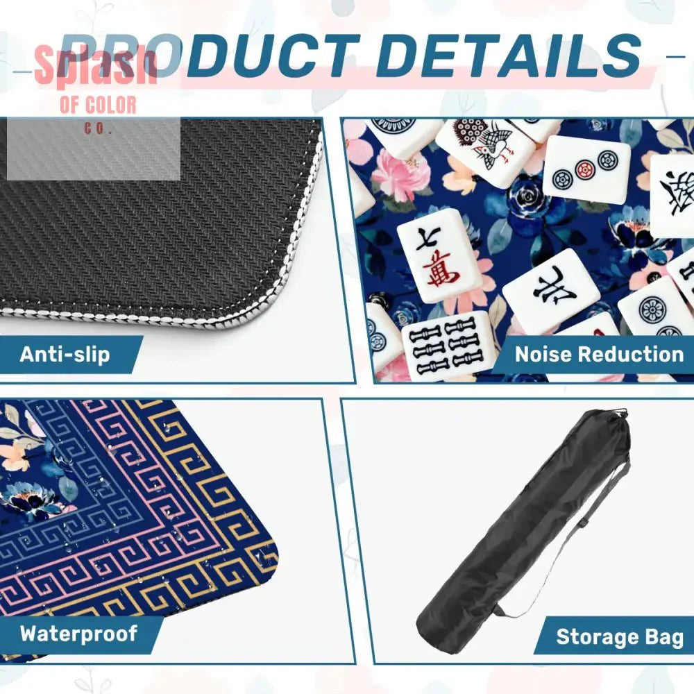 Mahjong Mat Royal Blue Pink Floral Heritage Greek Key Border Preppy Mahj Game Mat