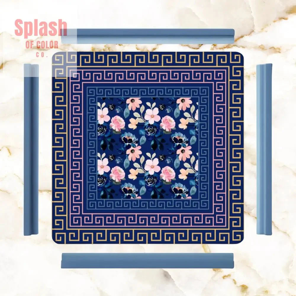 Mahjong Mat Royal Blue Pink Floral Heritage Greek Key Border Preppy Mahj Game Mat