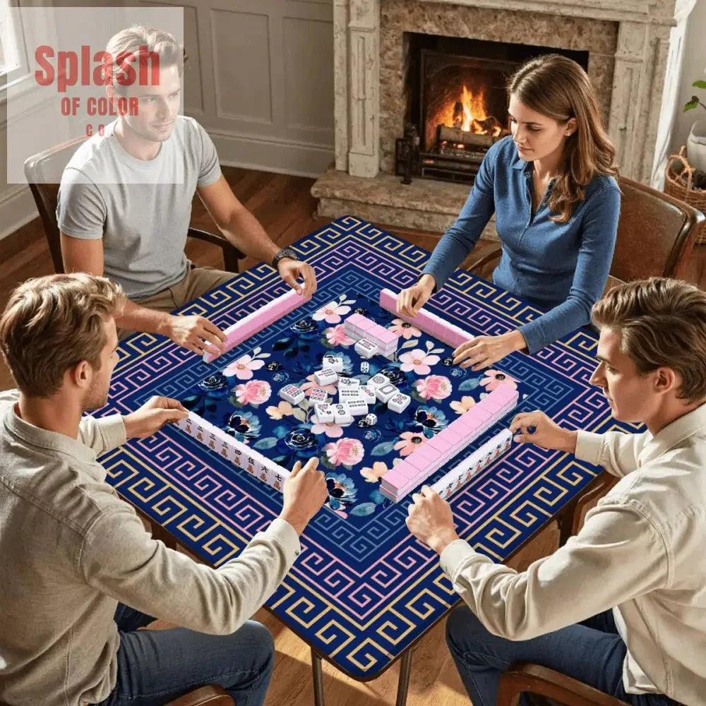 Mahjong Mat Royal Blue Pink Floral Heritage Greek Key Border Preppy Mahj Game Mat