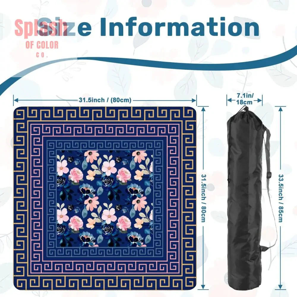 Mahjong Mat Royal Blue Pink Floral Heritage Greek Key Border Preppy Mahj Game Mat