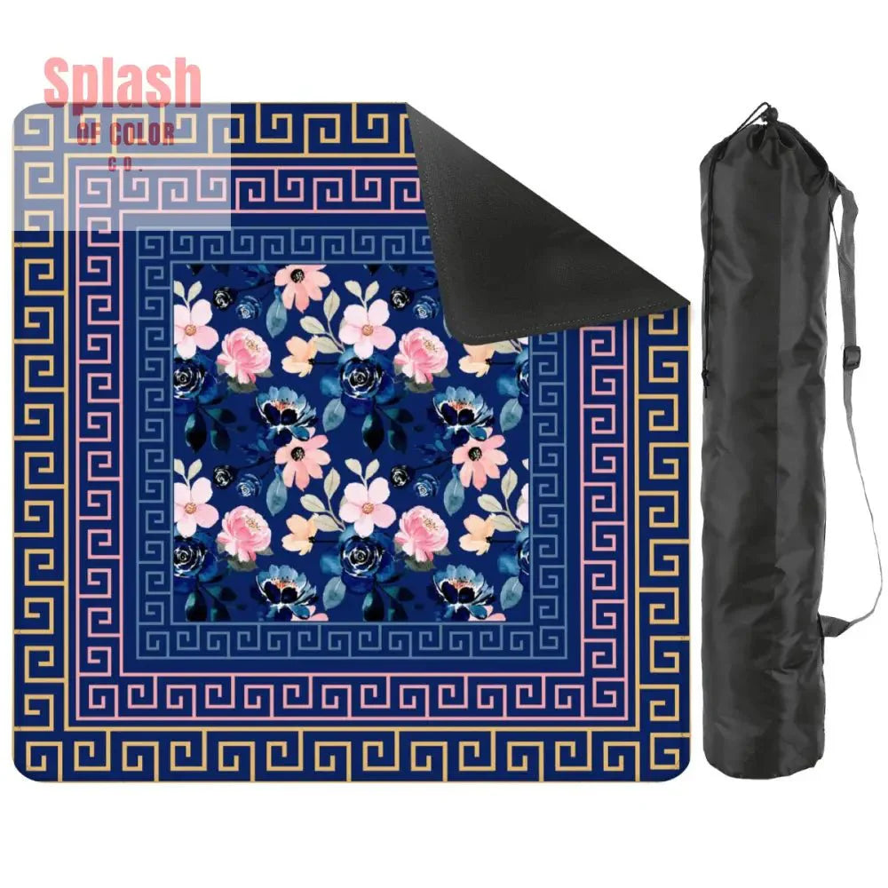 Mahjong Mat Royal Blue Pink Floral Heritage Greek Key Border Preppy Mahj Game Mat