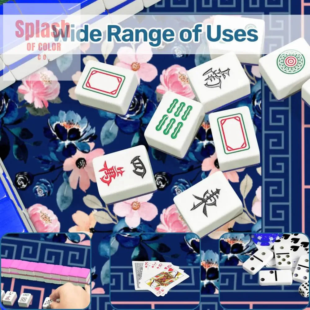 Mahjong Mat Royal Blue Pink Floral Heritage Greek Key Border Preppy Mahj Game Mat