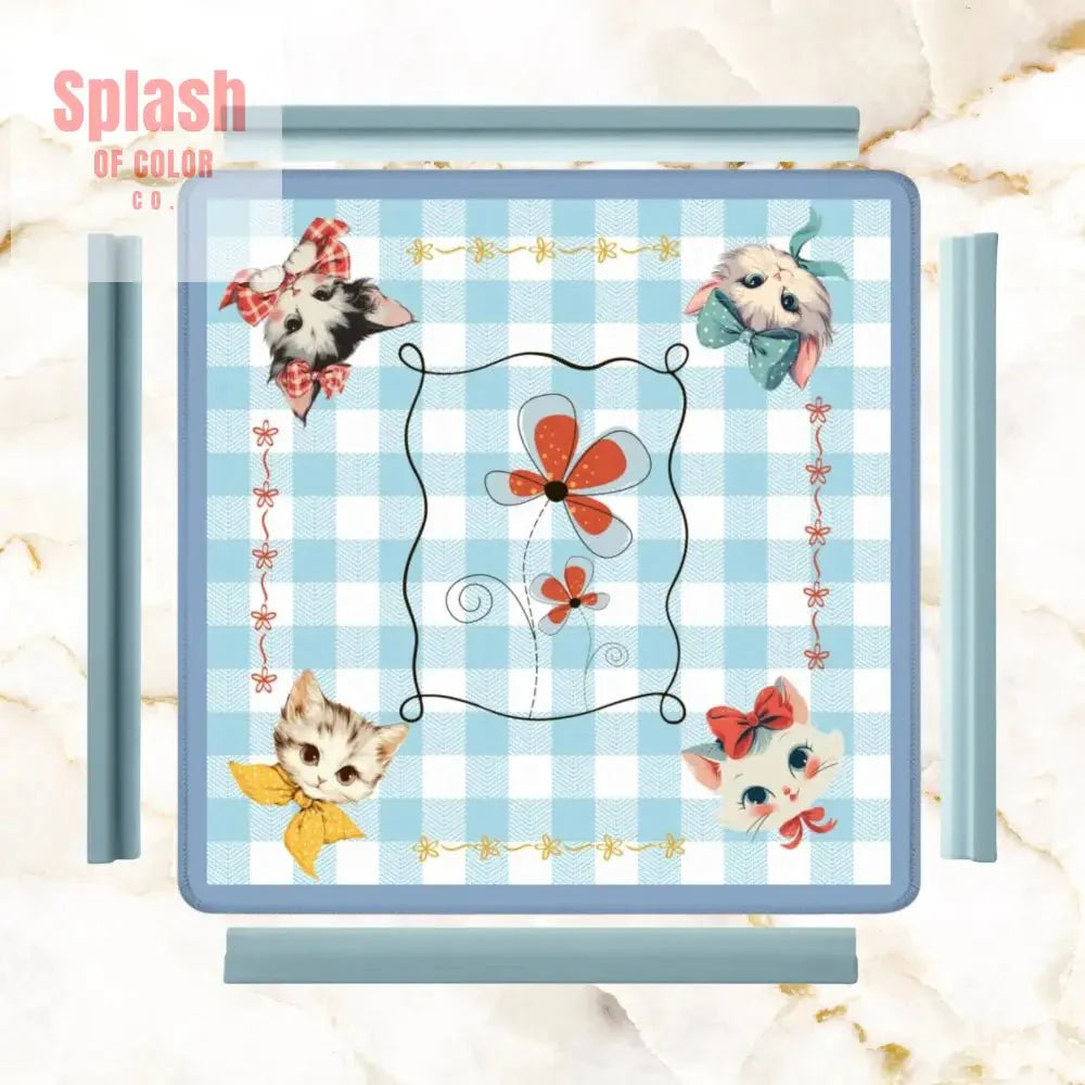 Mahjong Mat Vintage Whimsical Kittens, Blue White Gingham Preppy Check Mahj Mat